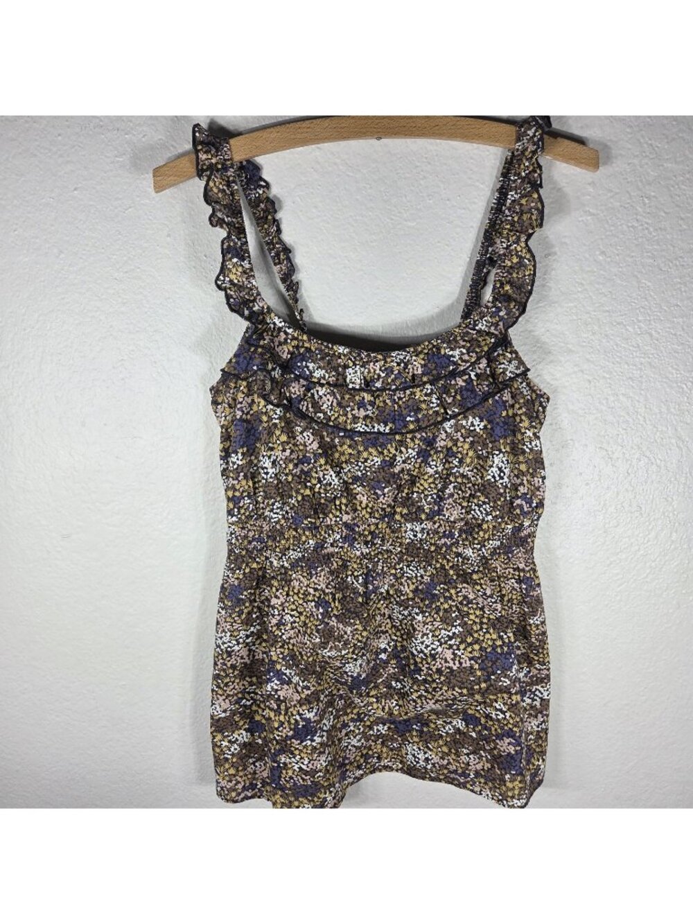 Anthropologie Eloise Floral Ruffle Tank Top Size S Brown 100% Cotton